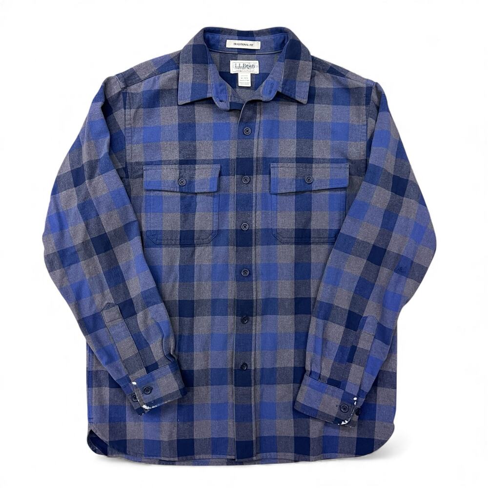 Vintage LL Bean Checkered Plaid Flannel Chamois Cloth Button Up Shirt Blue Gray